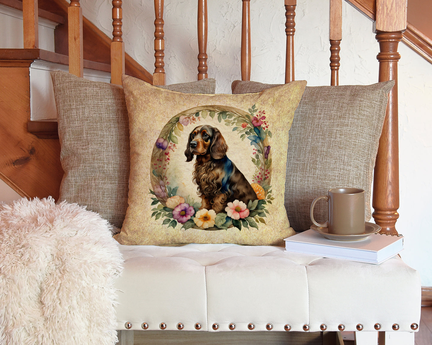 Field Spaniel and Flowers Throw Pillow