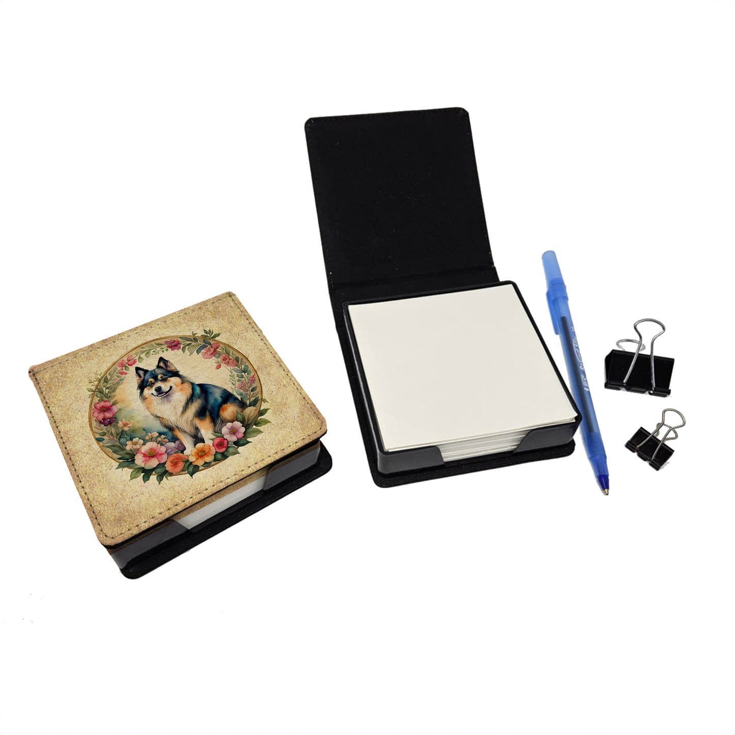 Finnish Lapphund and Flowers PU Leather Note Paper Holder