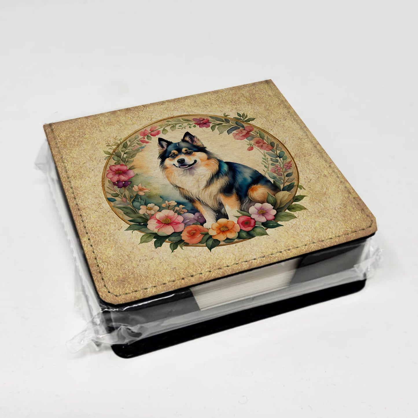 Finnish Lapphund and Flowers PU Leather Note Paper Holder