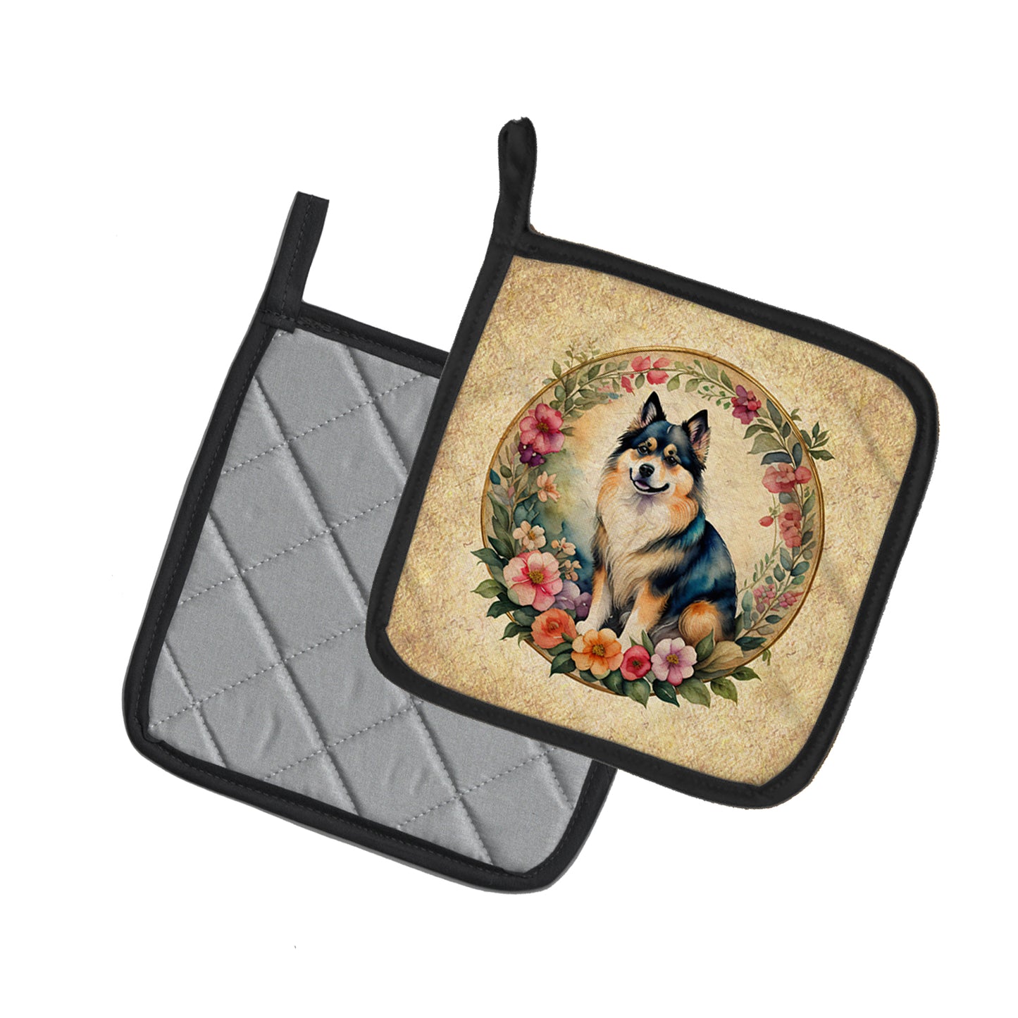 Finnish Lapphund and Flowers Pair of Pot Holders