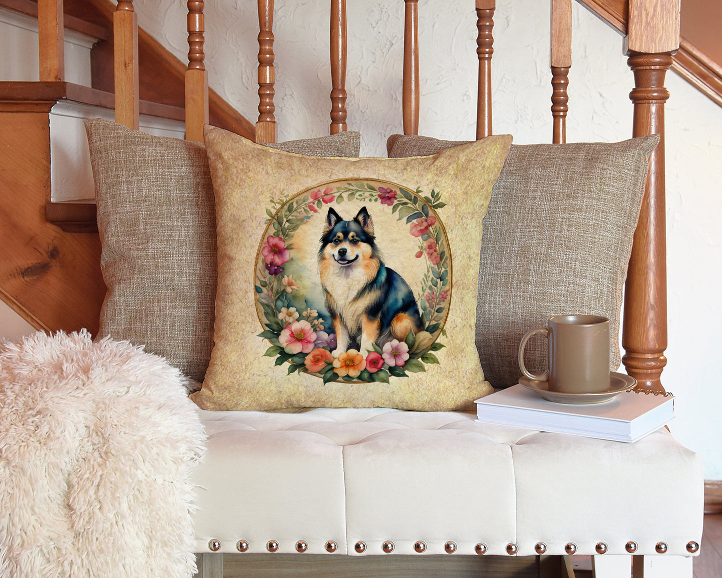 Finnish Lapphund and Flowers Throw Pillow