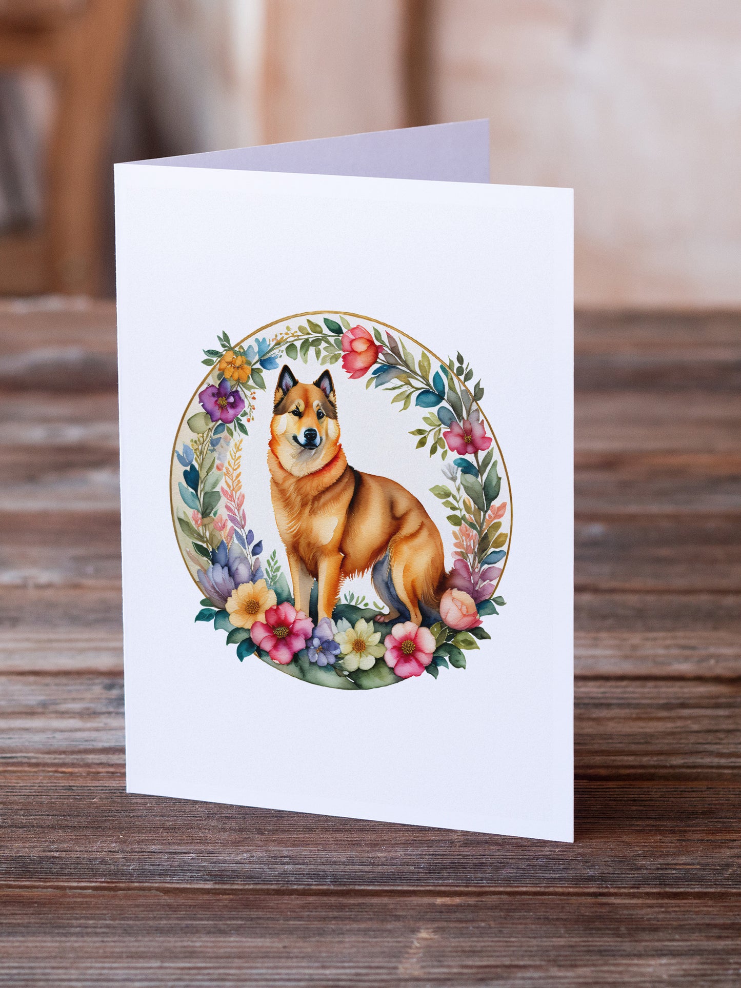 Finnish Spitz and Flowers Greeting Cards Pack of 8