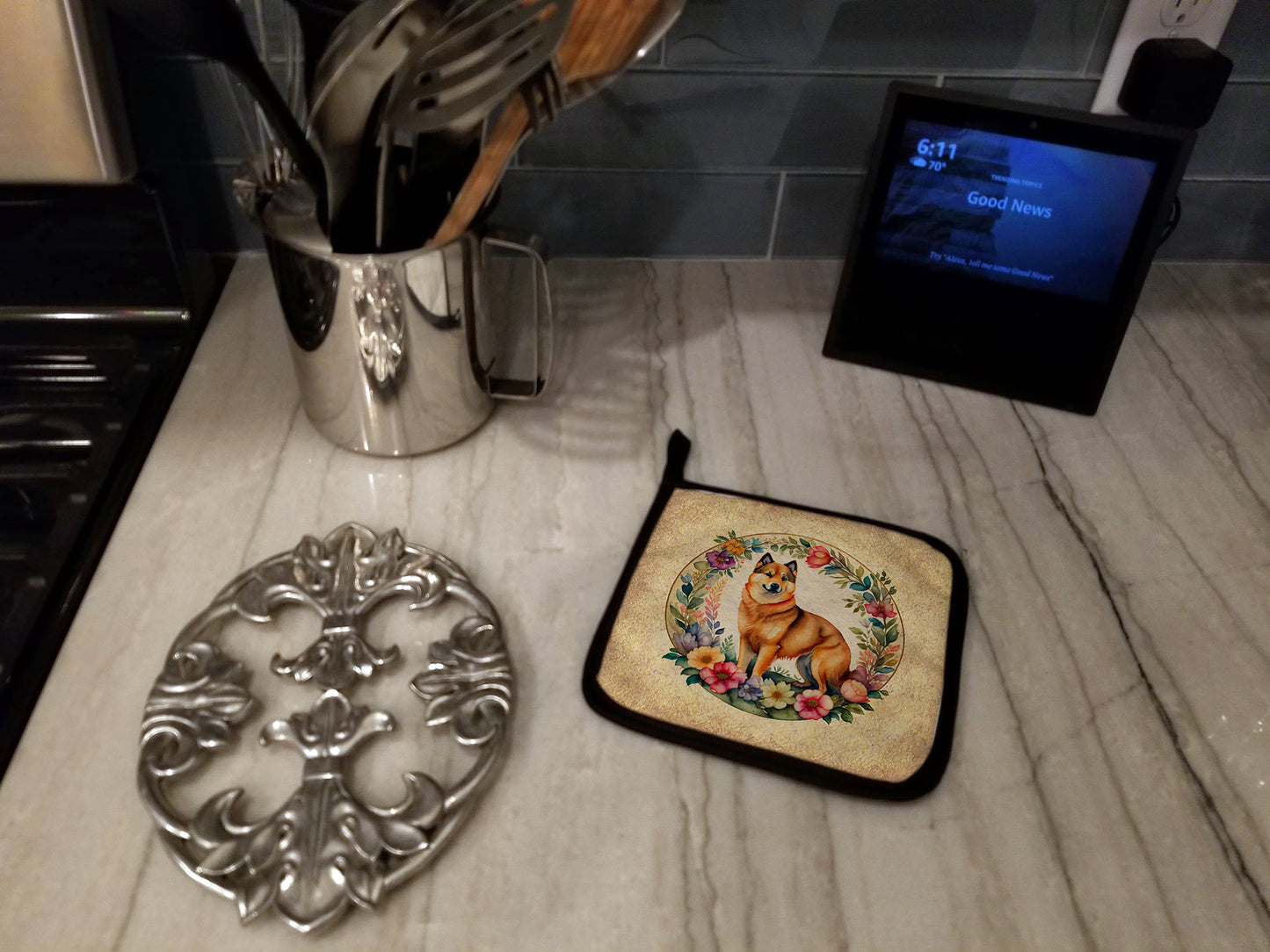 Finnish Spitz and Flowers Pair of Pot Holders