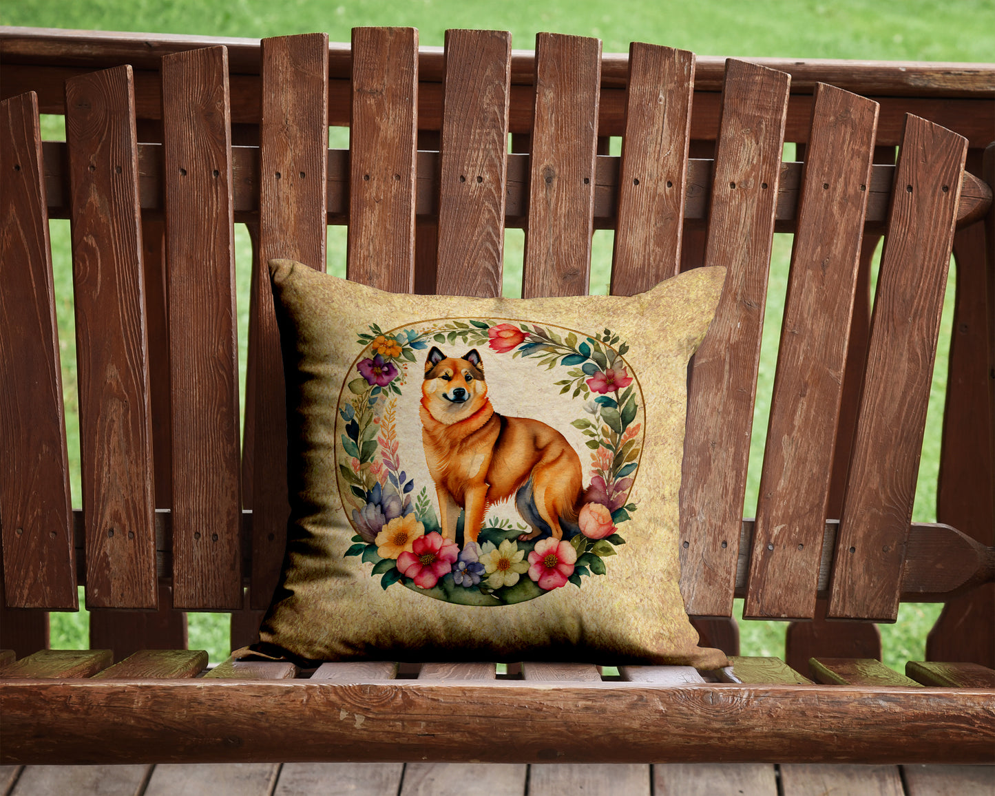 Finnish Spitz and Flowers Throw Pillow