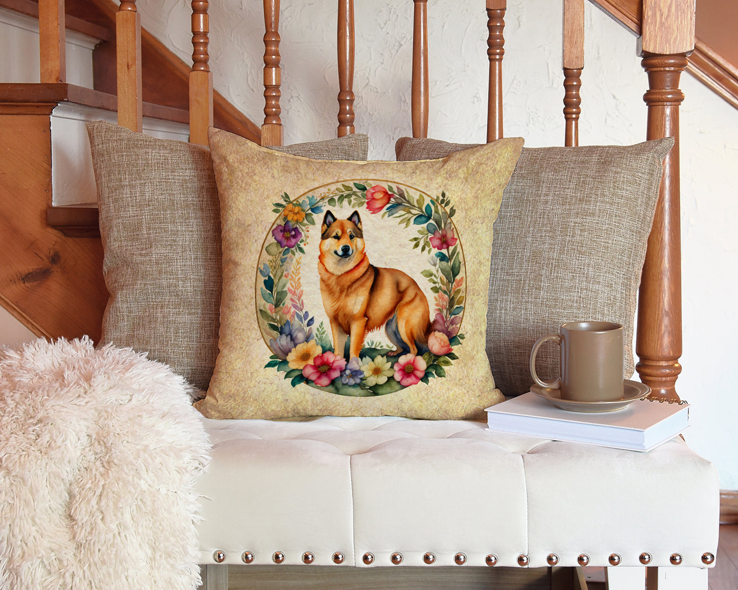 Finnish Spitz and Flowers Throw Pillow