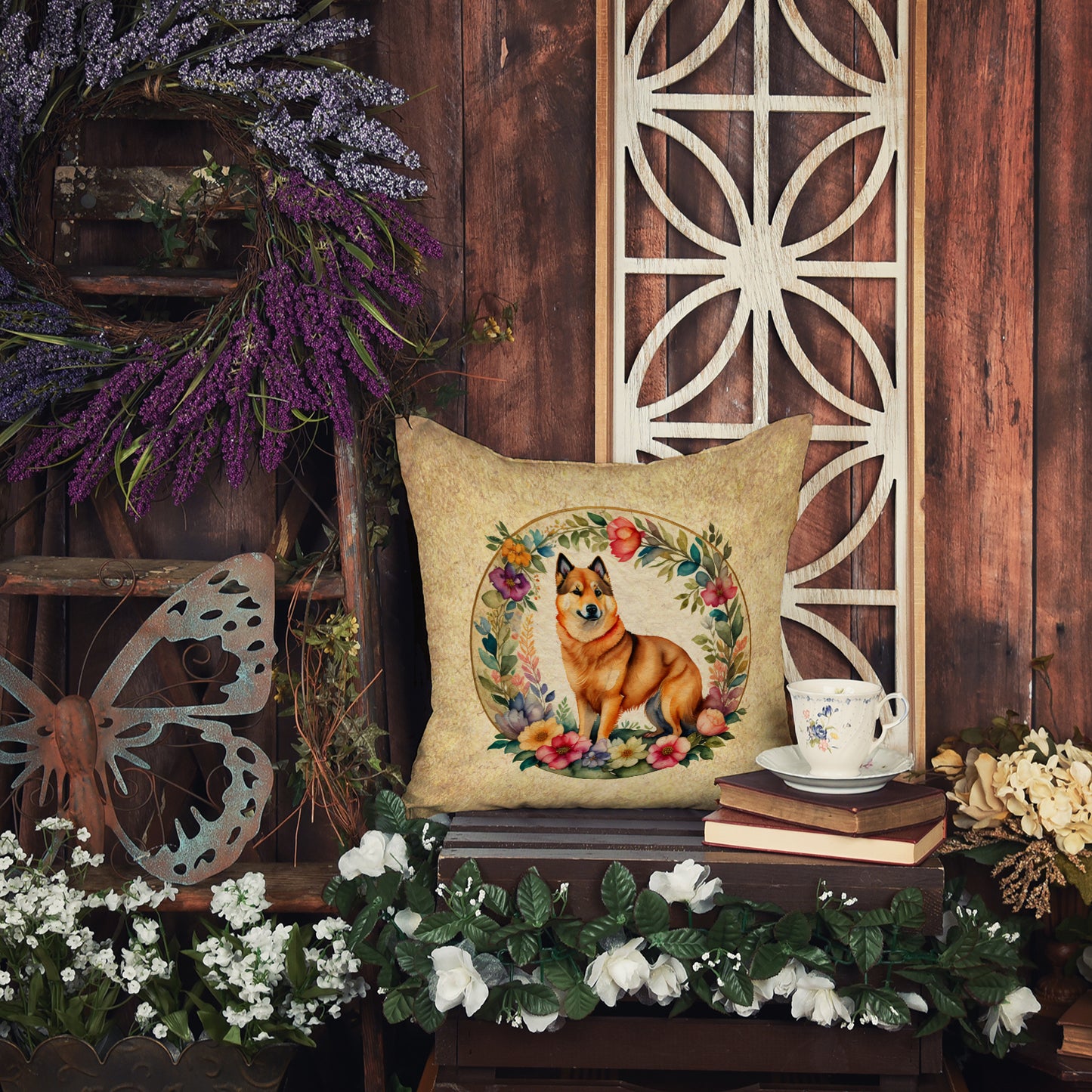 Finnish Spitz and Flowers Throw Pillow