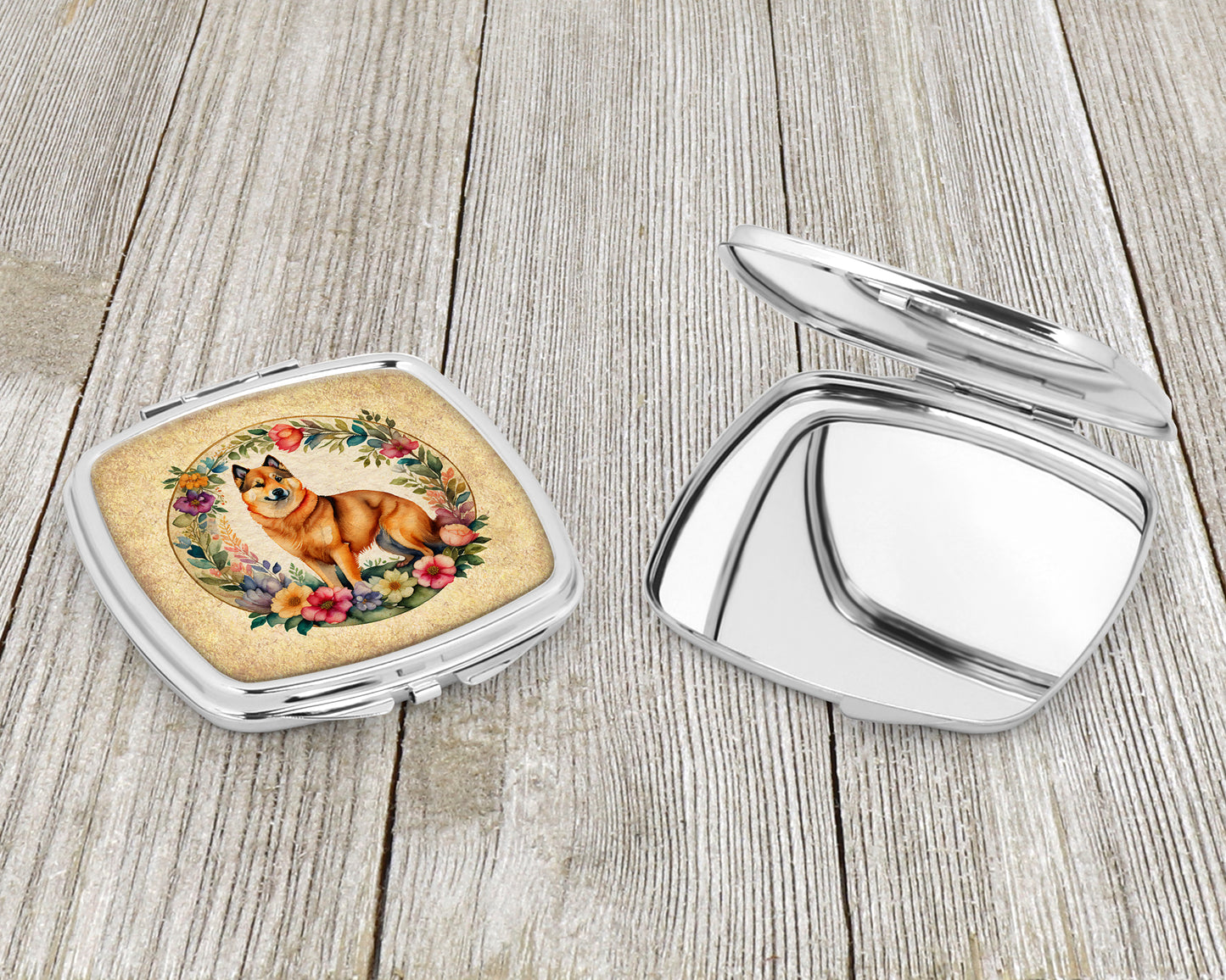 Finnish Spitz and Flowers Compact Mirror