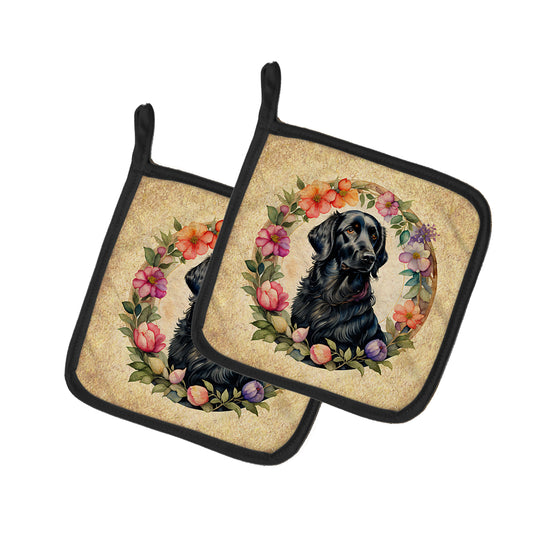 Buy this Flat-Coated Retriever and Flowers Pair of Pot Holders