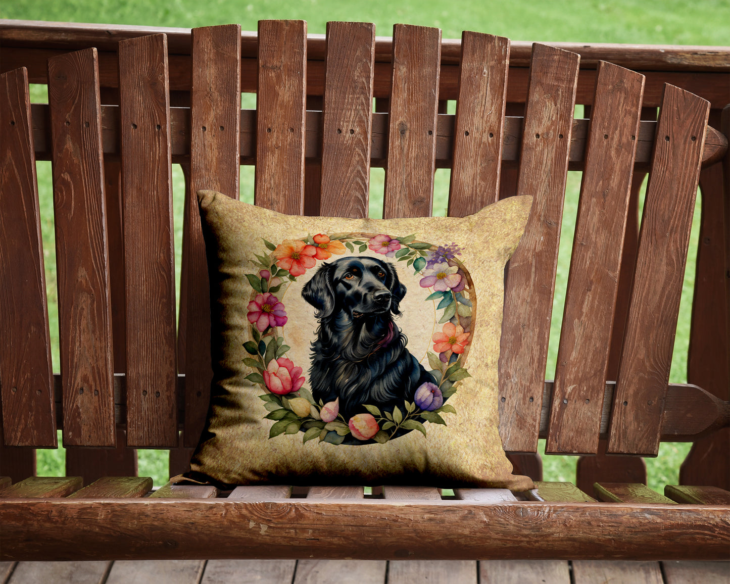 Flat-Coated Retriever and Flowers Throw Pillow