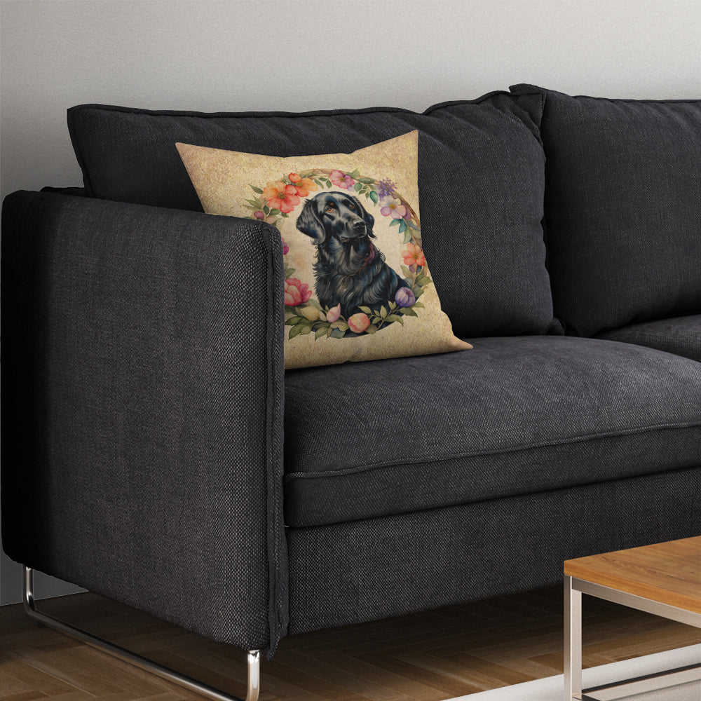 Flat-Coated Retriever and Flowers Throw Pillow