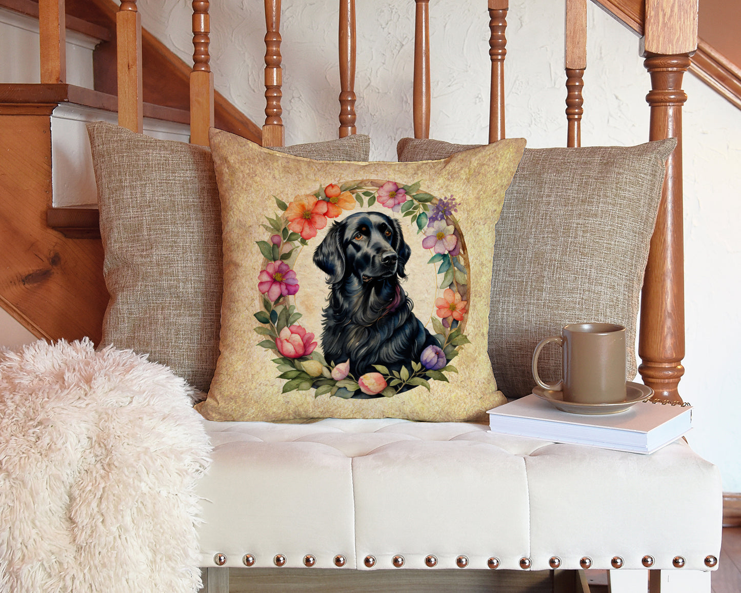 Flat-Coated Retriever and Flowers Throw Pillow