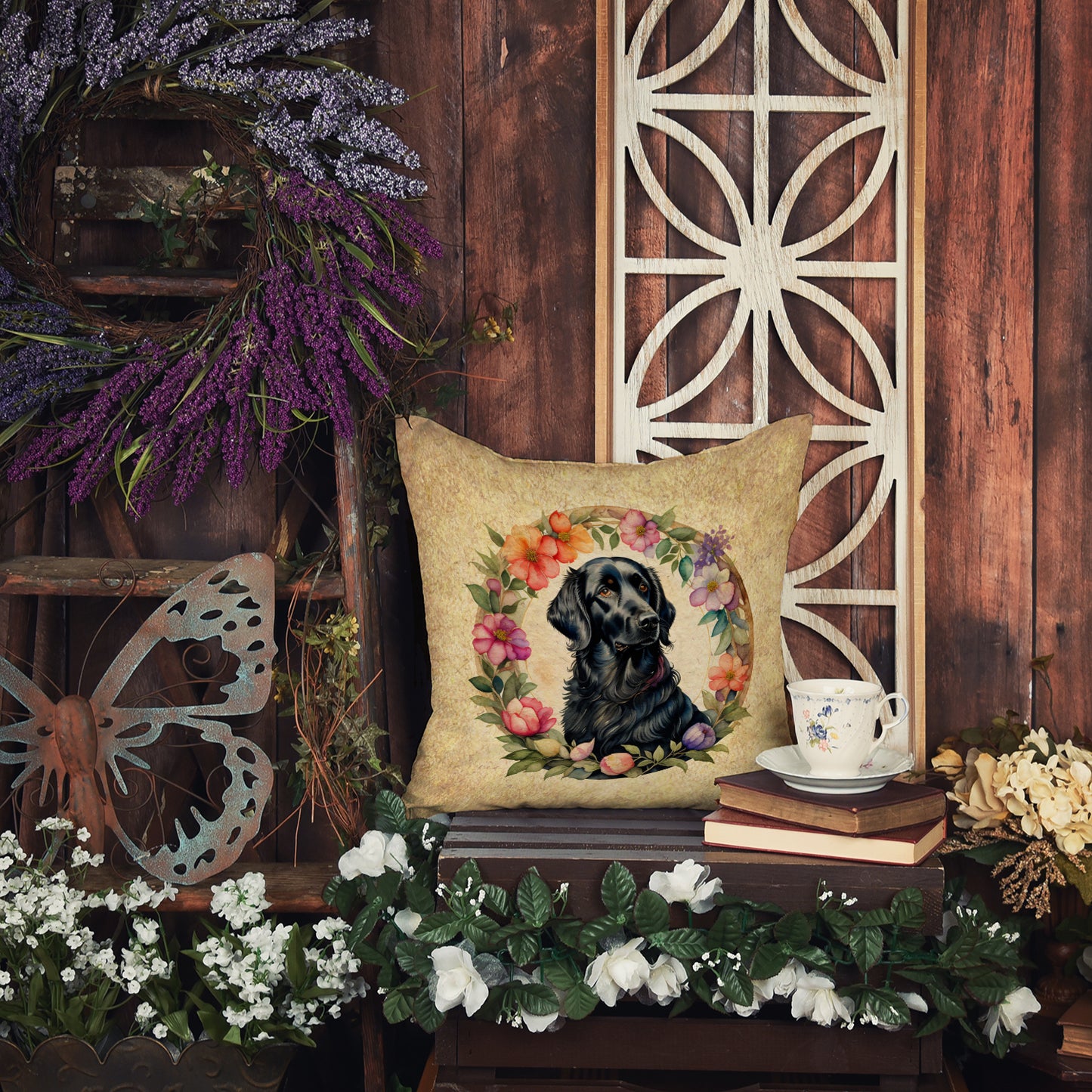 Flat-Coated Retriever and Flowers Throw Pillow