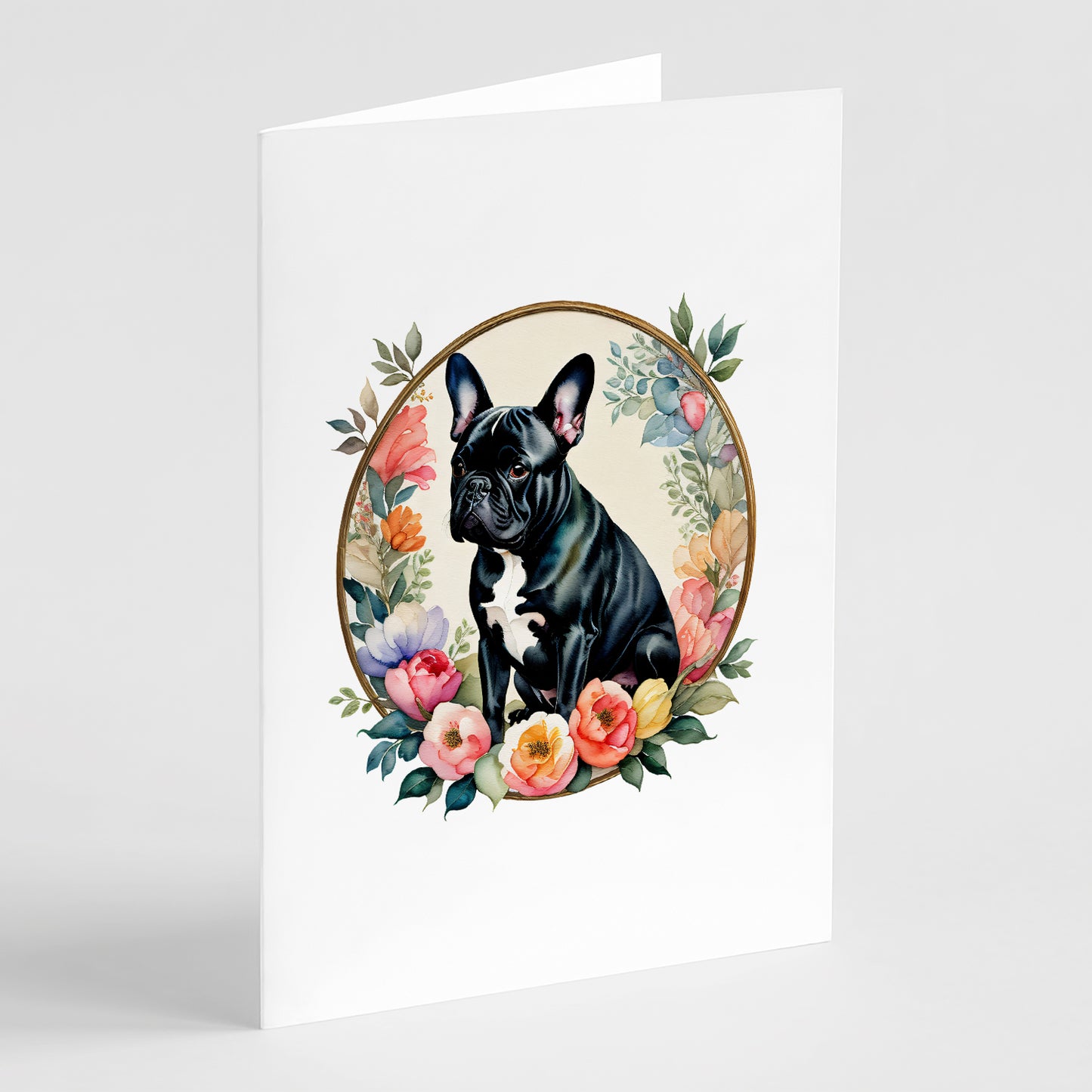 Buy this Black French Bulldog and Flowers Greeting Cards Pack of 8