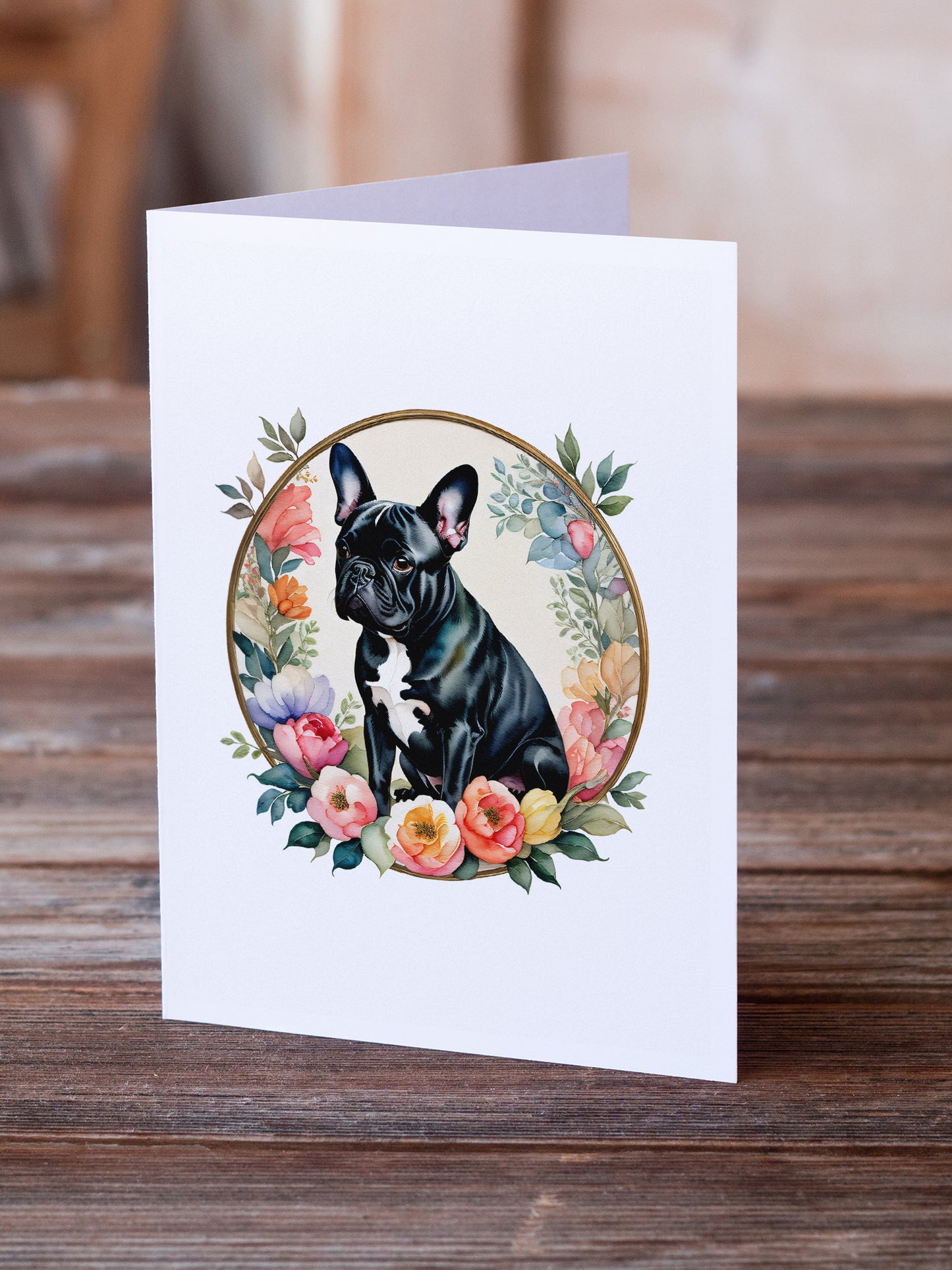 Black French Bulldog and Flowers Greeting Cards Pack of 8