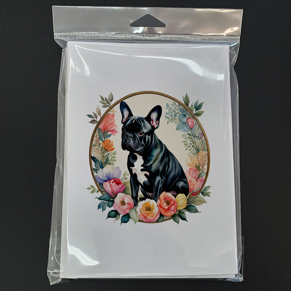 Black French Bulldog and Flowers Greeting Cards Pack of 8