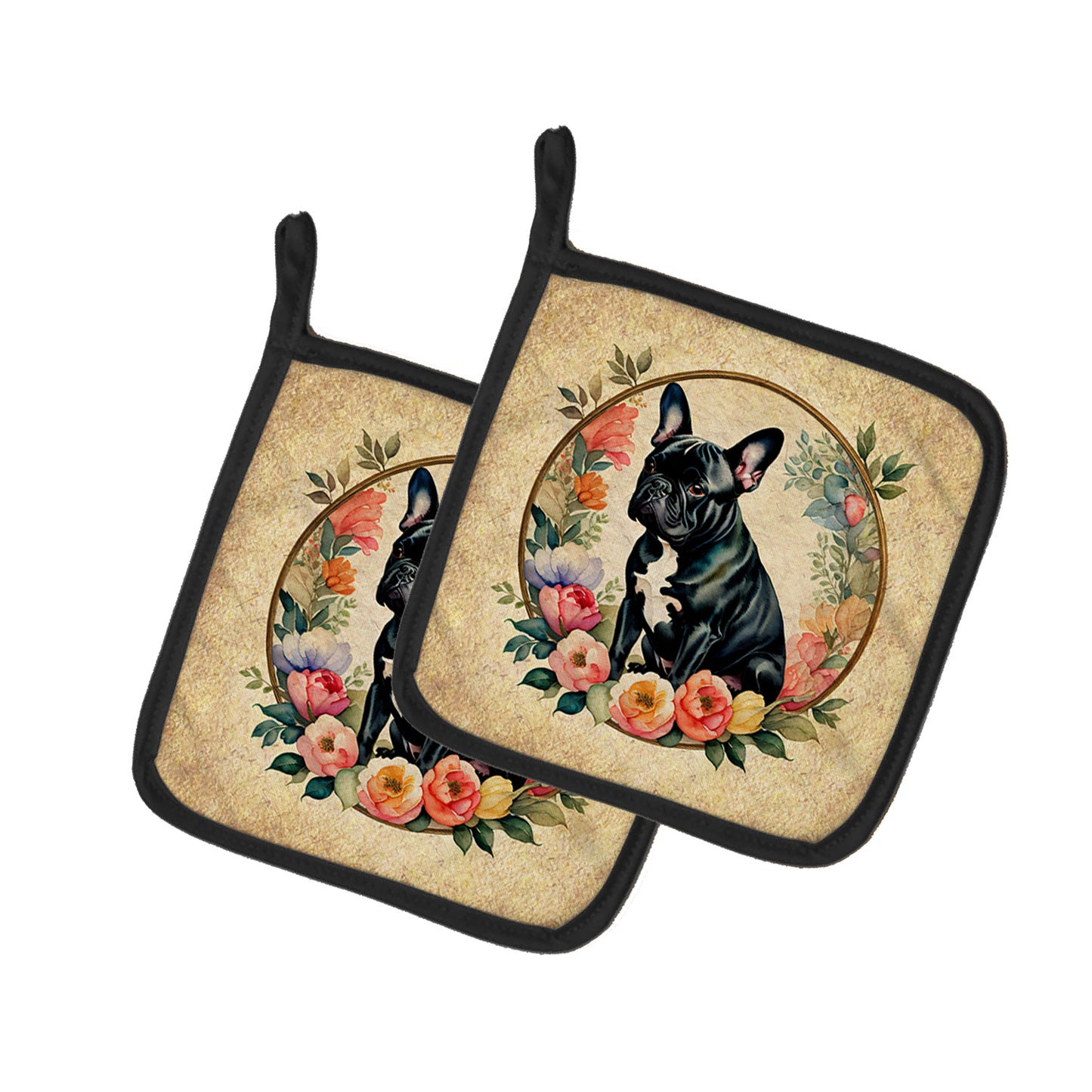 Buy this Black French Bulldog and Flowers Pair of Pot Holders