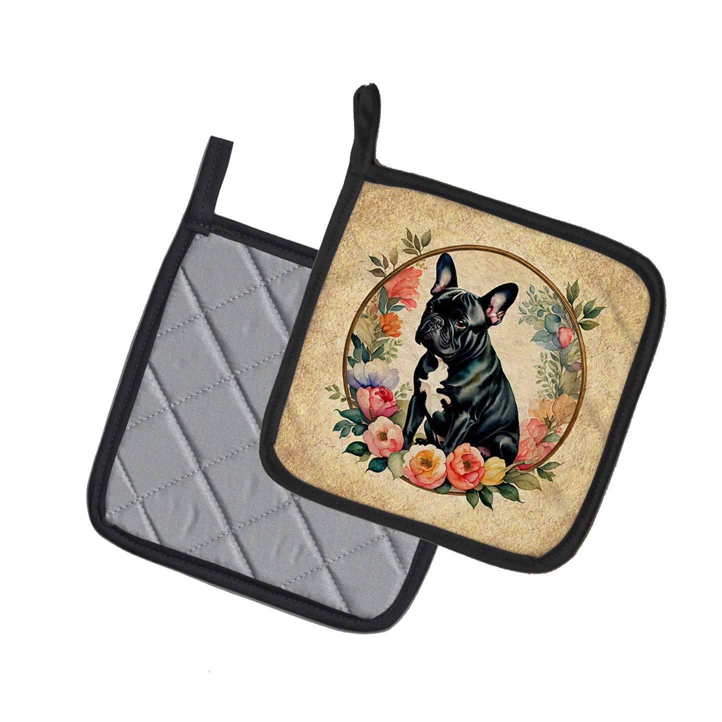 Black French Bulldog and Flowers Pair of Pot Holders