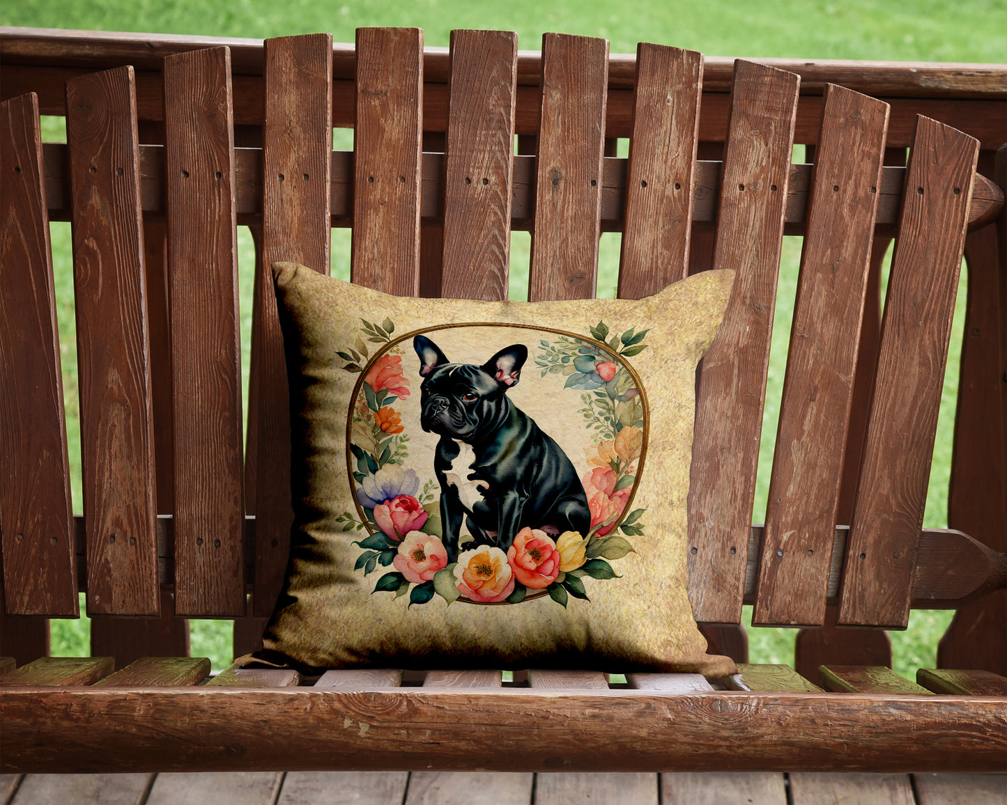 Black French Bulldog and Flowers Throw Pillow