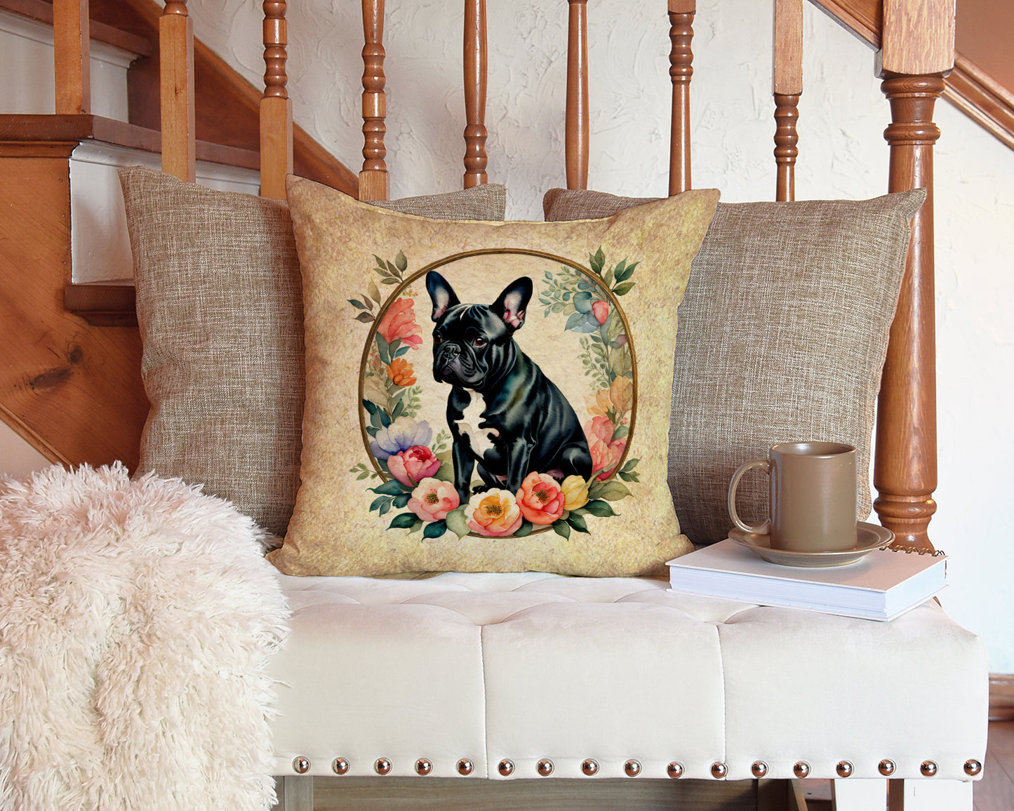 Black French Bulldog and Flowers Throw Pillow