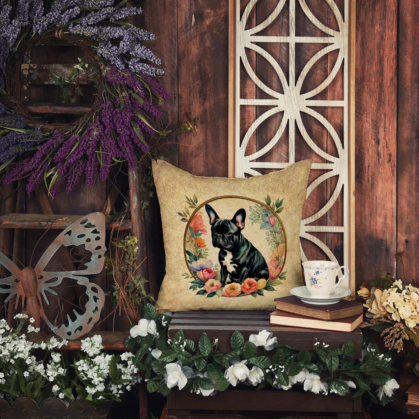 Black French Bulldog and Flowers Throw Pillow