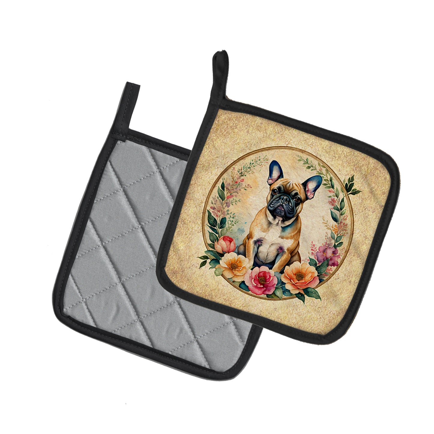 Fawn  French Bulldog and Flowers Pair of Pot Holders