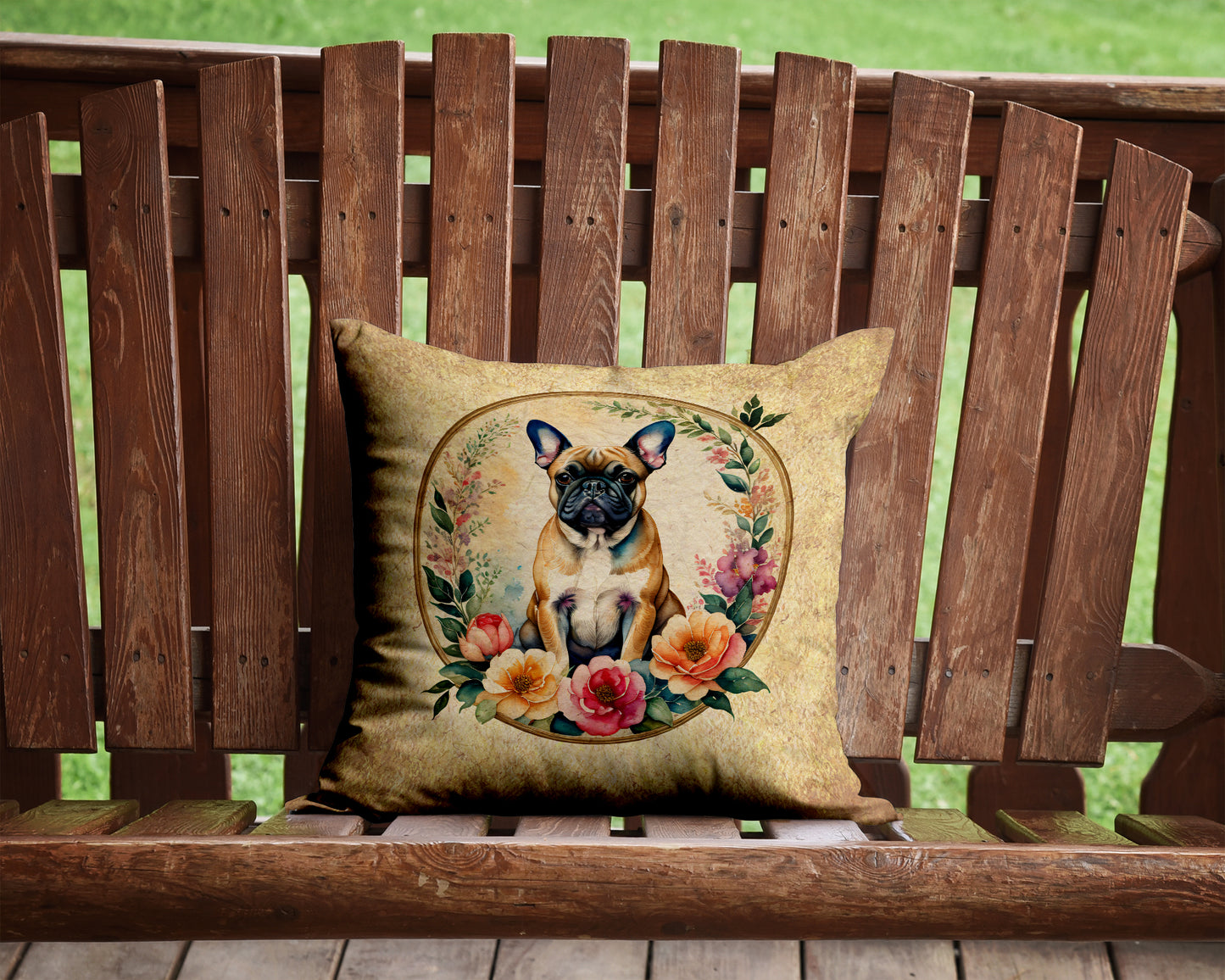 Fawn  French Bulldog and Flowers Throw Pillow