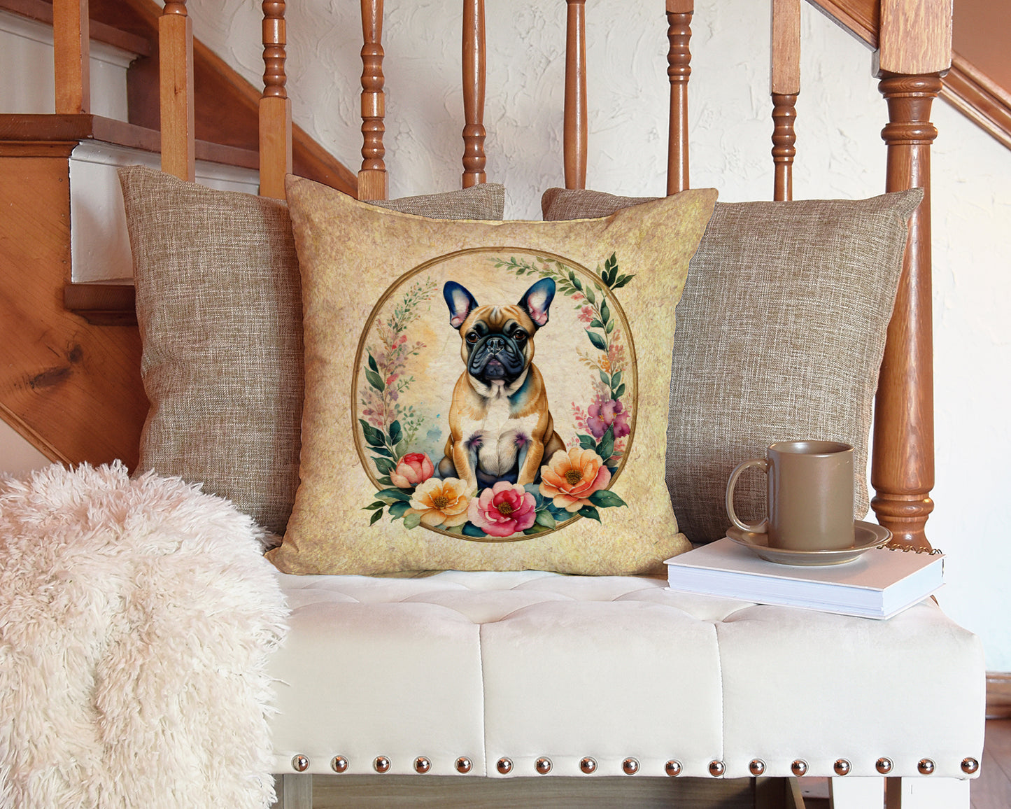 Fawn  French Bulldog and Flowers Throw Pillow