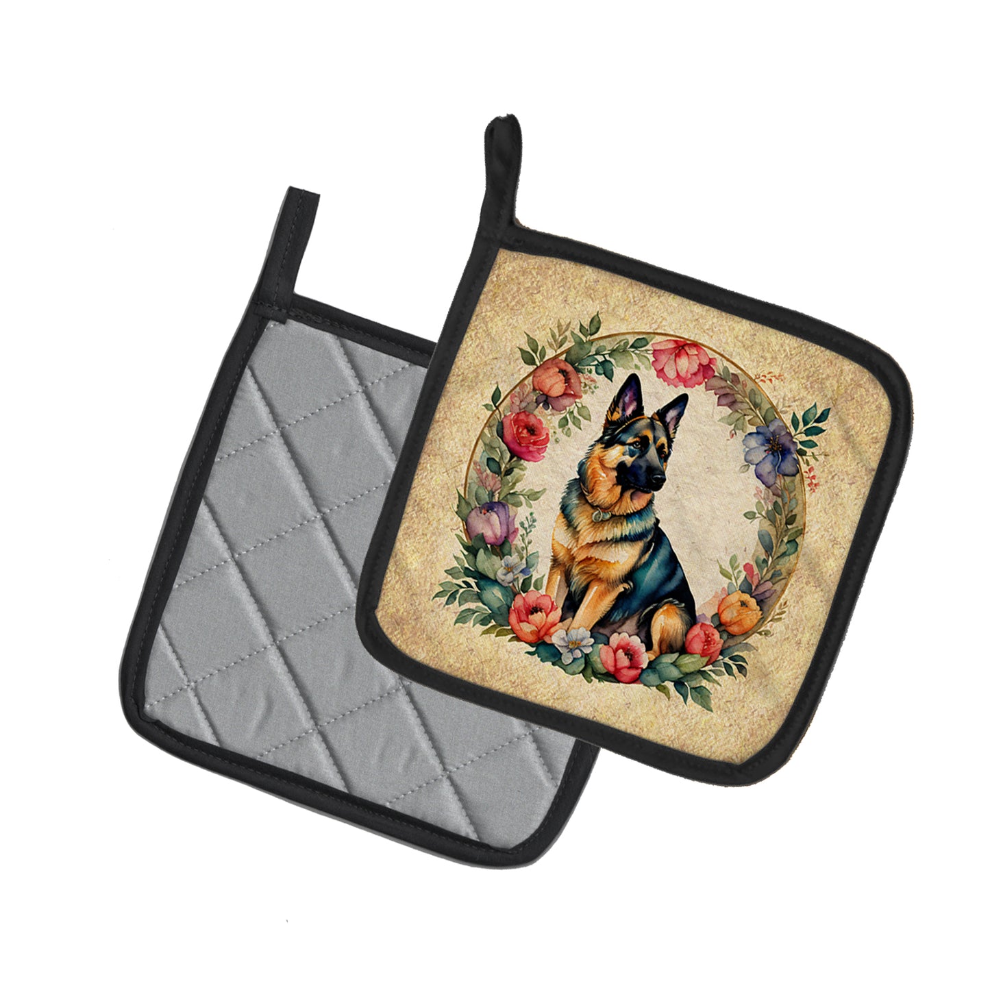 German Shepherd and Flowers Pair of Pot Holders
