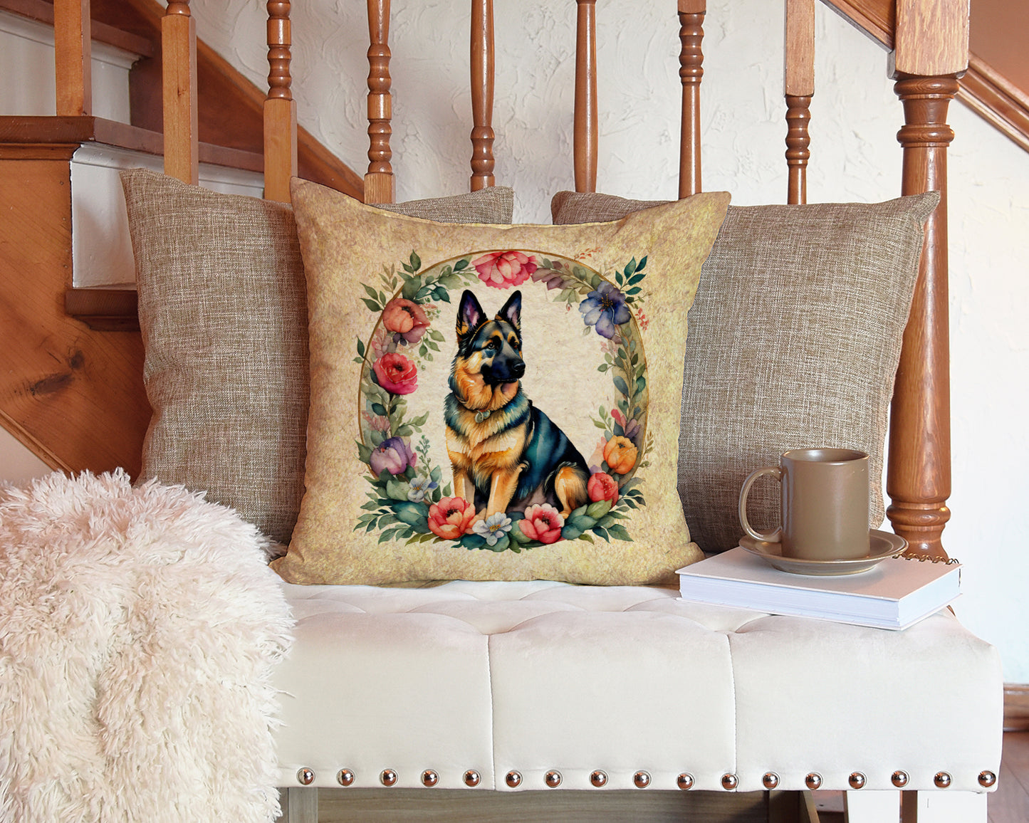 German Shepherd and Flowers Throw Pillow