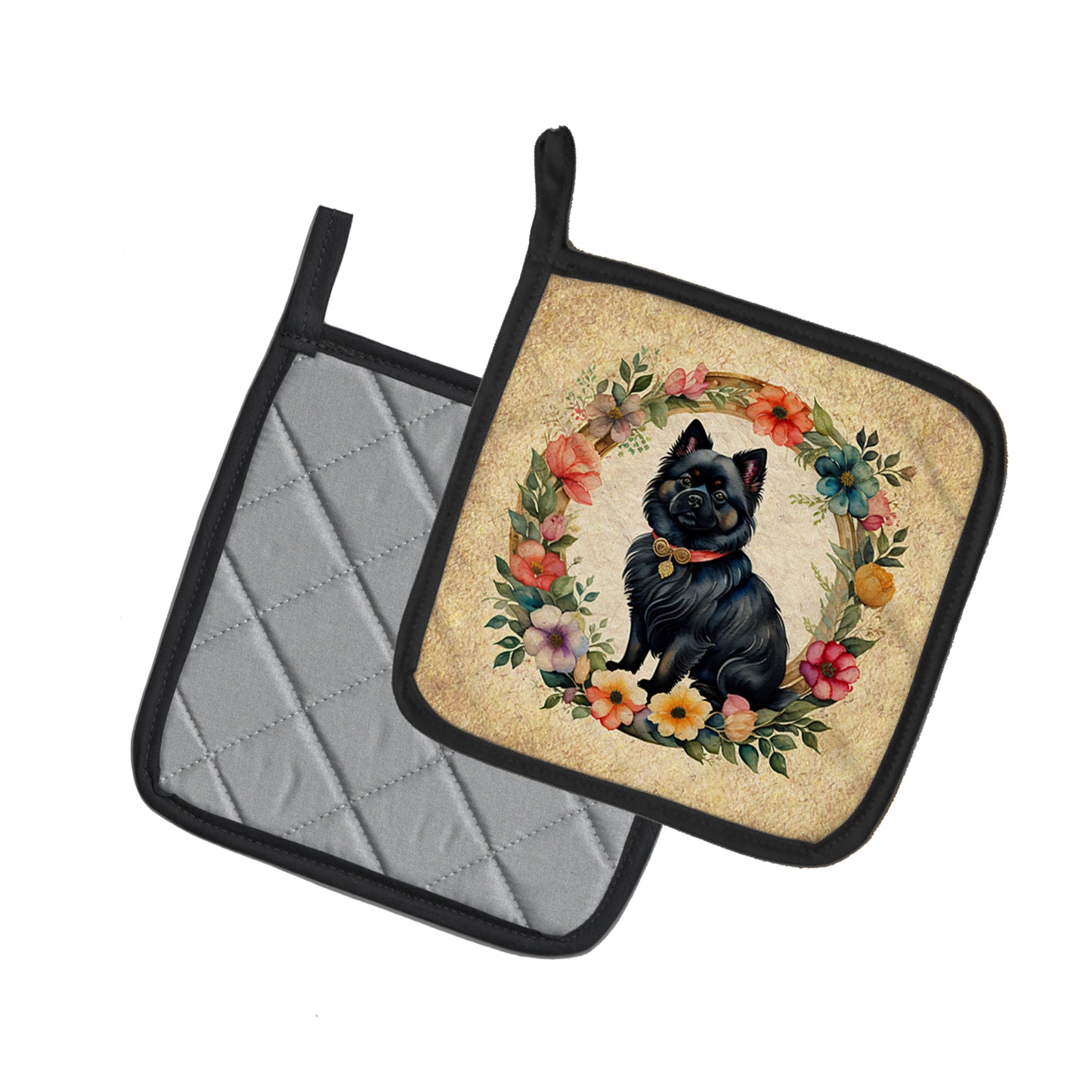 German Spitz and Flowers Pair of Pot Holders