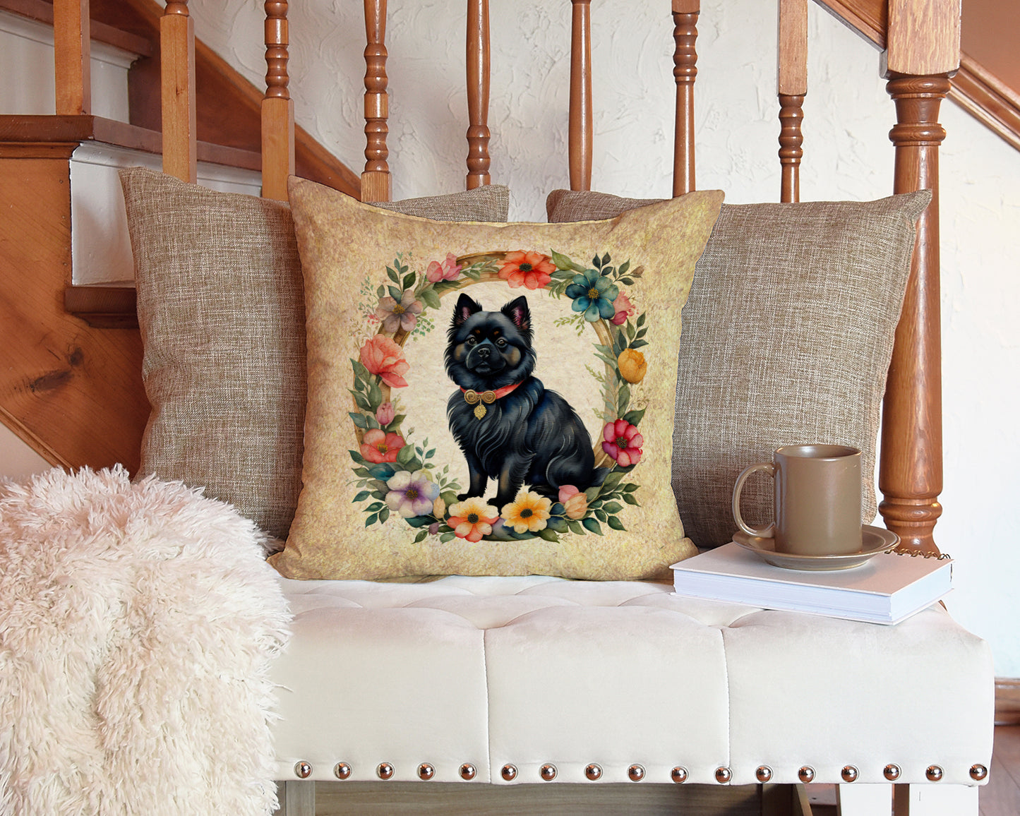 German Spitz and Flowers Throw Pillow