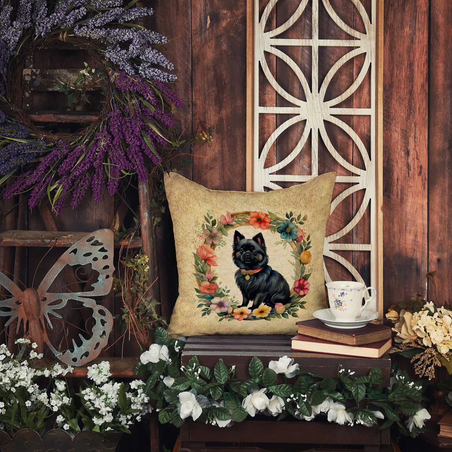 German Spitz and Flowers Throw Pillow