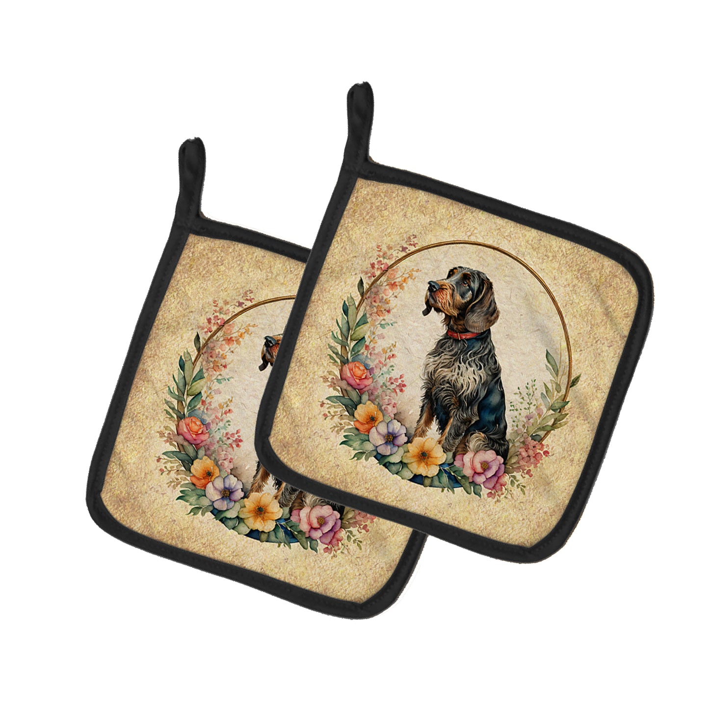 Buy this German Wirehaired Pointer and Flowers Pair of Pot Holders