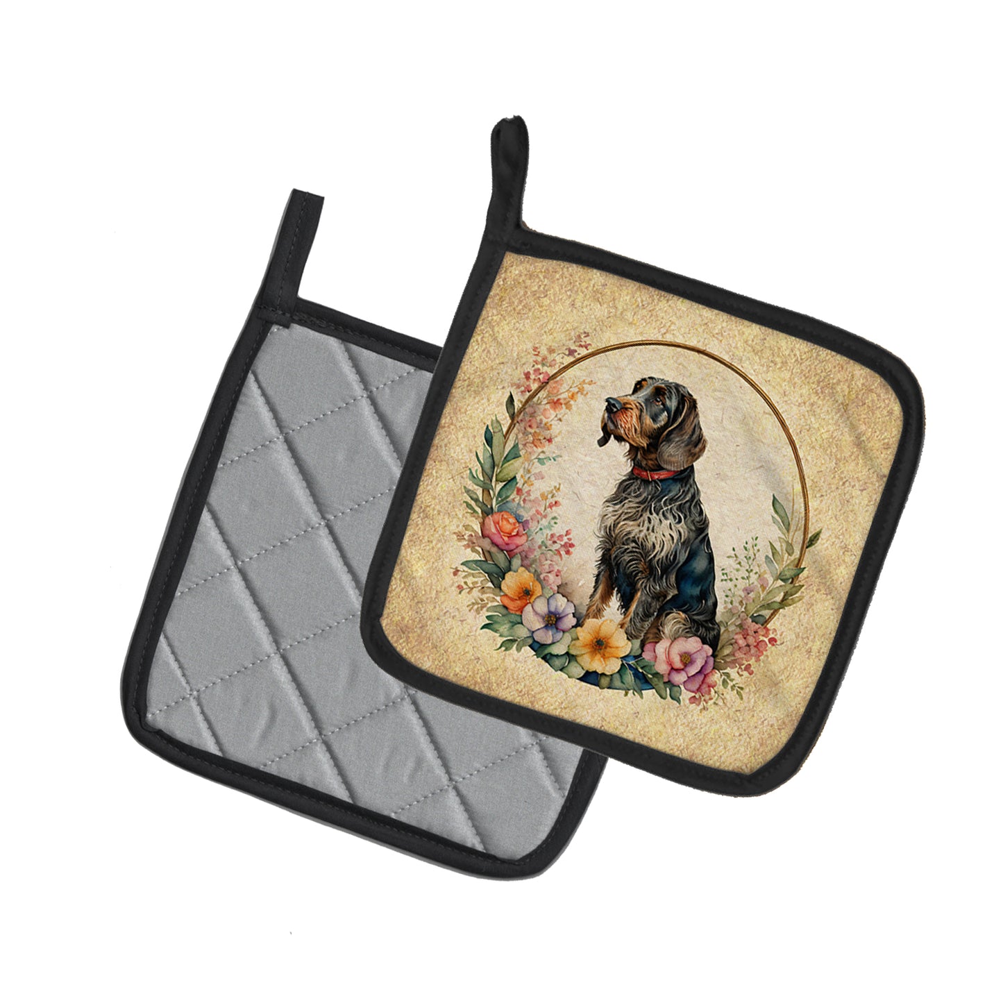 German Wirehaired Pointer and Flowers Pair of Pot Holders