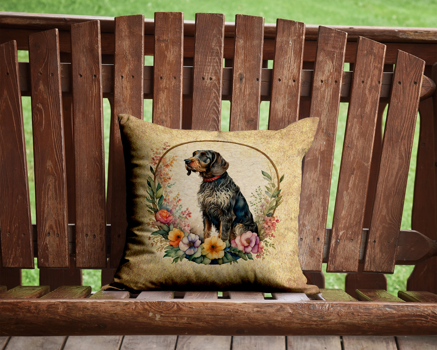 German Wirehaired Pointer and Flowers Throw Pillow