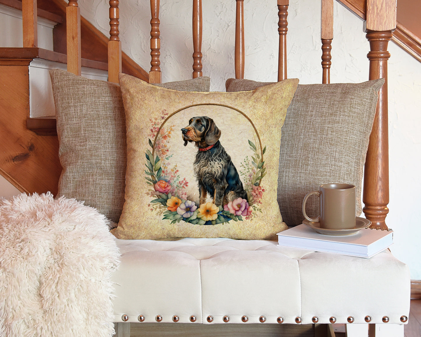 German Wirehaired Pointer and Flowers Throw Pillow