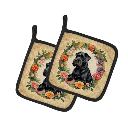 Buy this Giant Schnauzer and Flowers Pair of Pot Holders