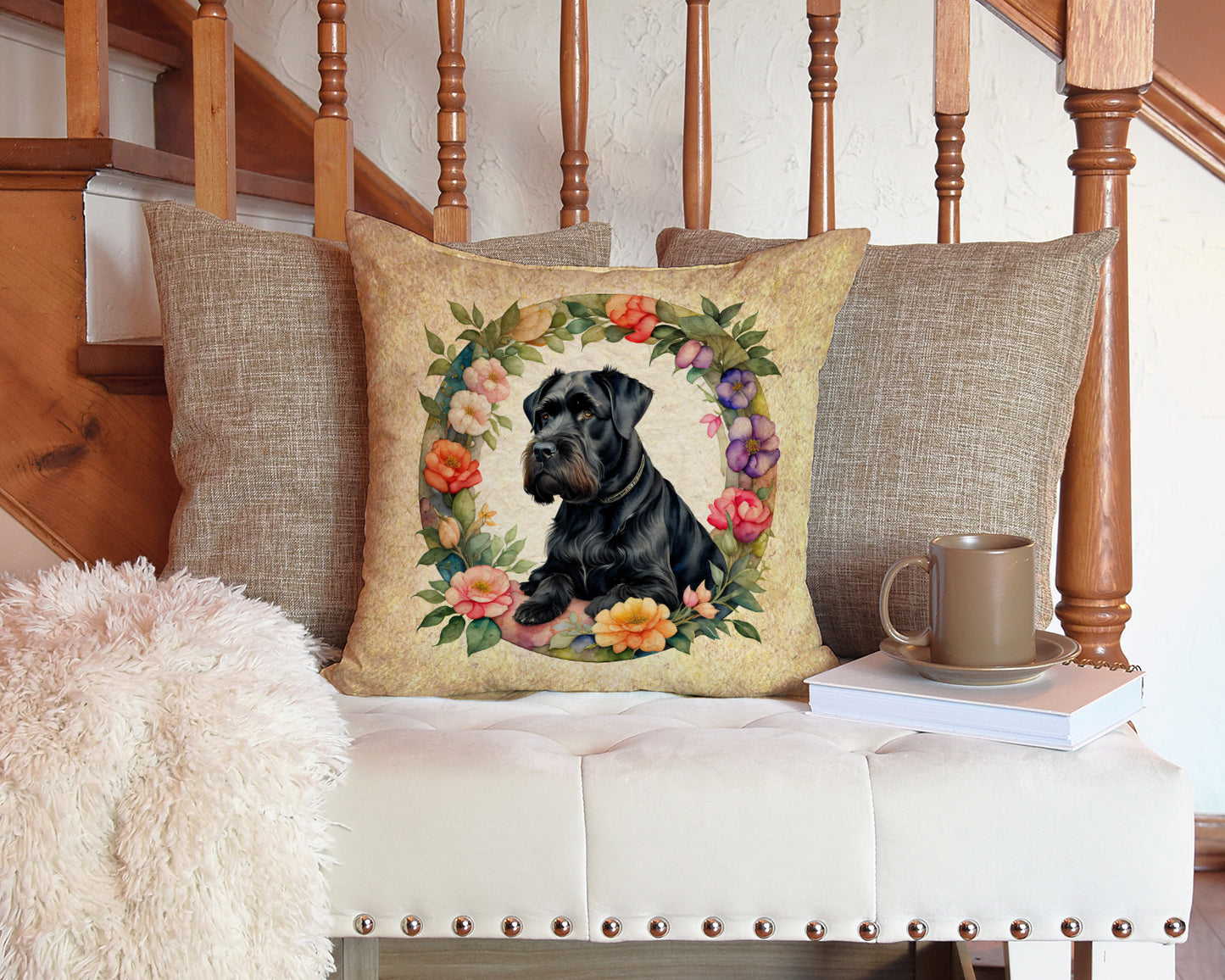 Giant Schnauzer and Flowers Throw Pillow