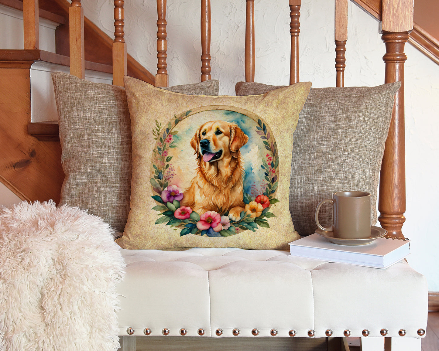 Golden Retriever and Flowers Throw Pillow