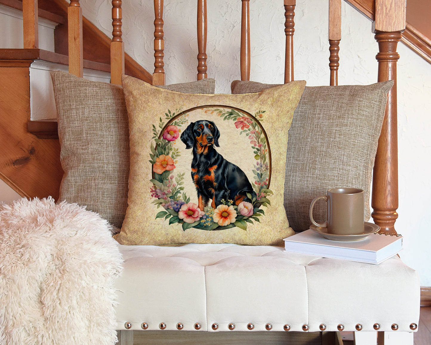 Gordon Setter and Flowers Throw Pillow