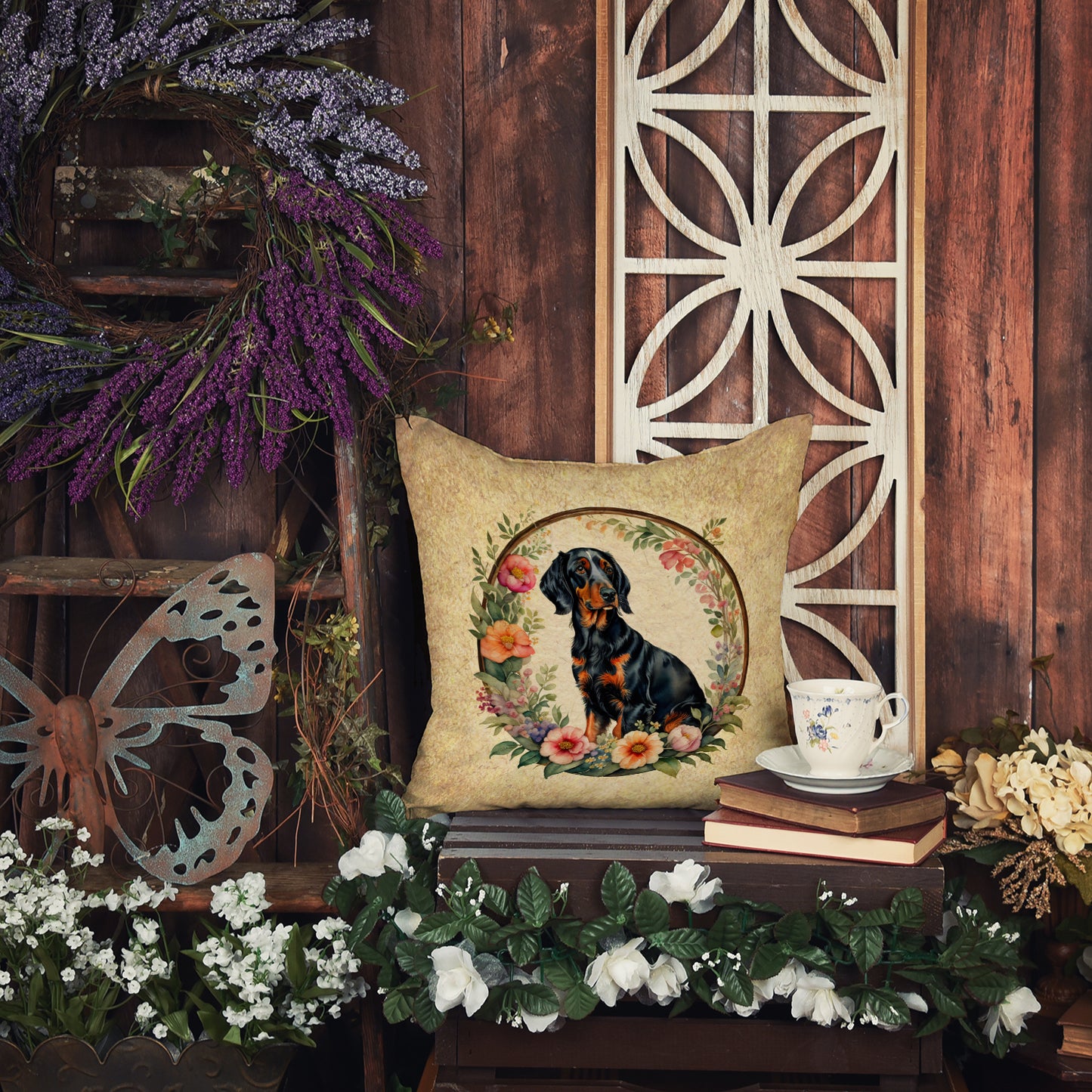 Gordon Setter and Flowers Throw Pillow