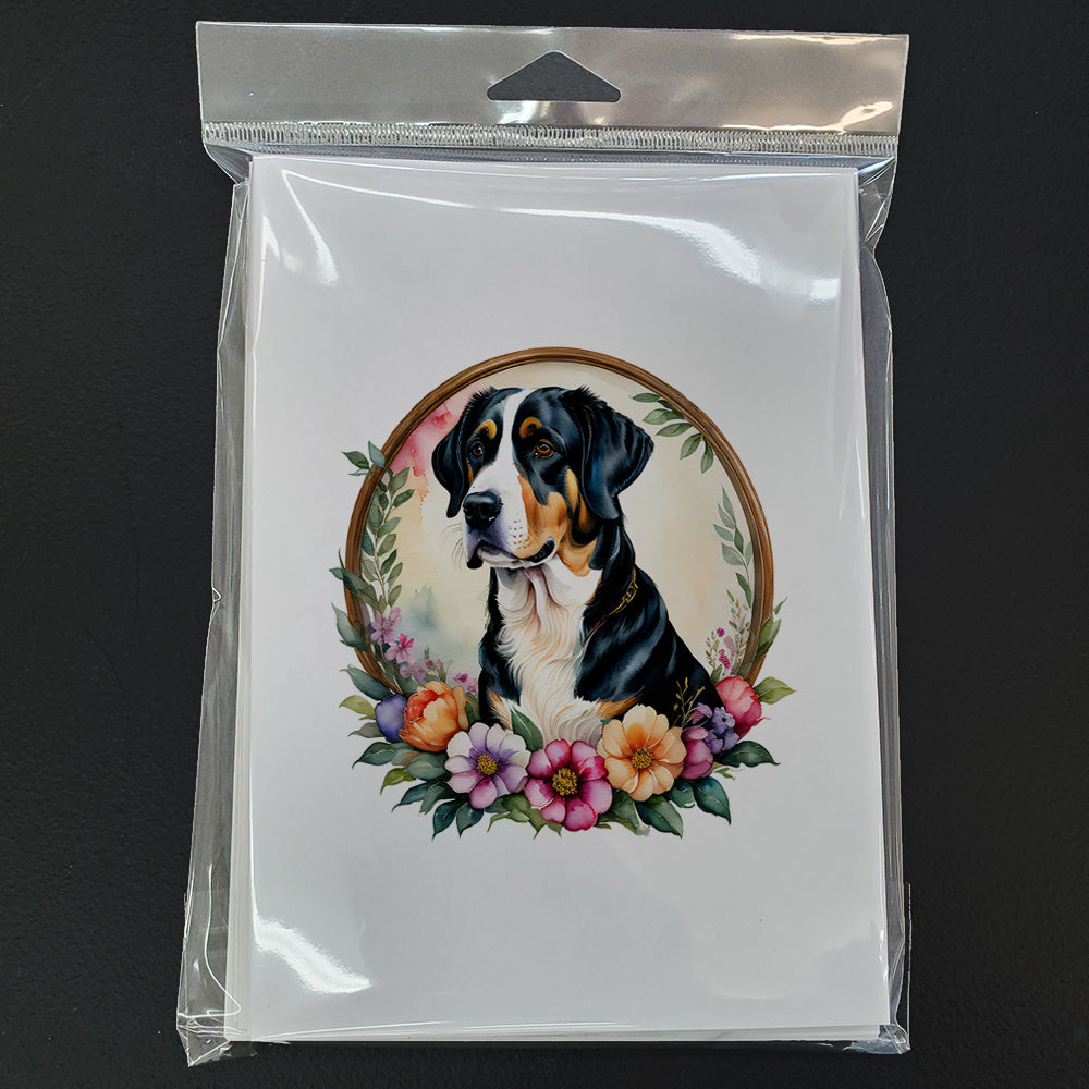 Greater Swiss Mountain Dog and Flowers Greeting Cards Pack of 8