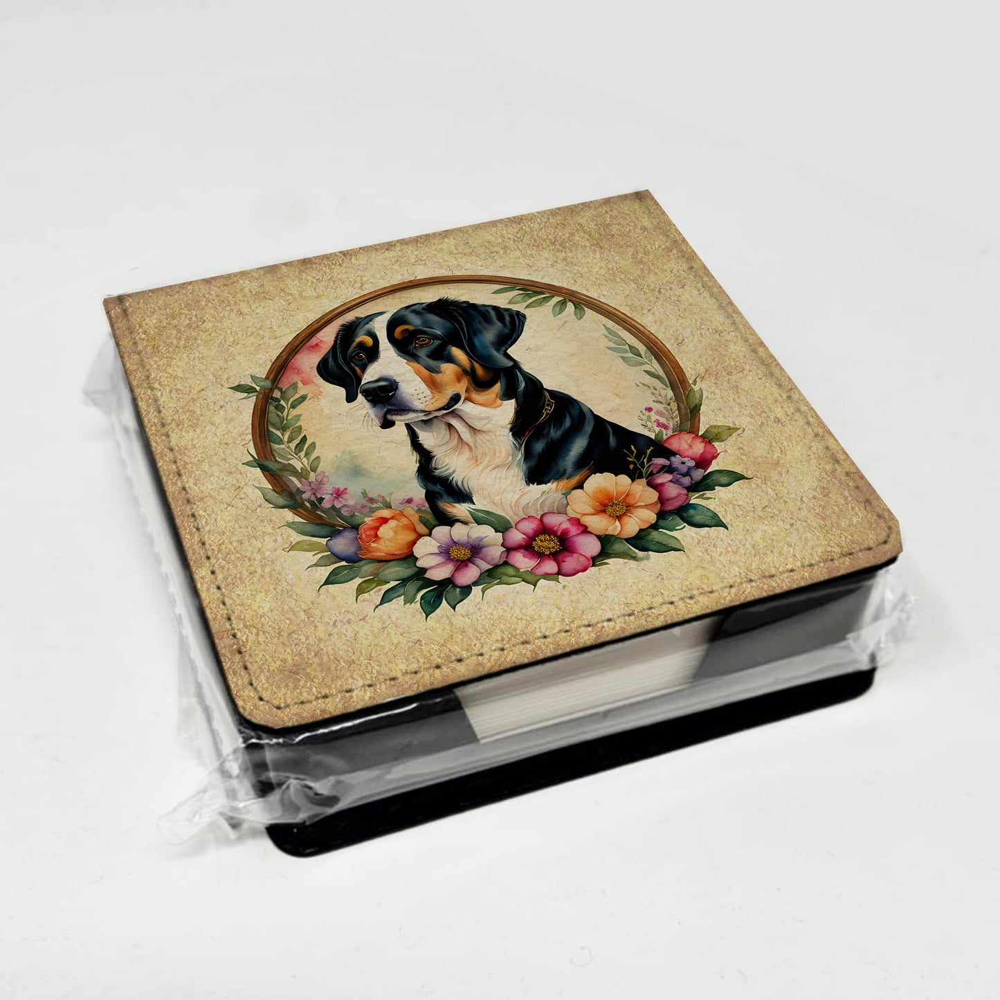 Greater Swiss Mountain Dog and Flowers PU Leather Note Paper Holder