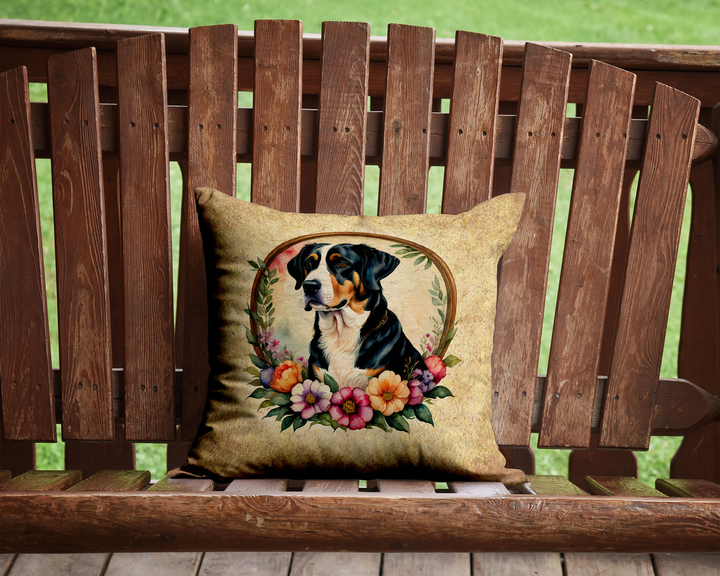 Greater Swiss Mountain Dog and Flowers Throw Pillow