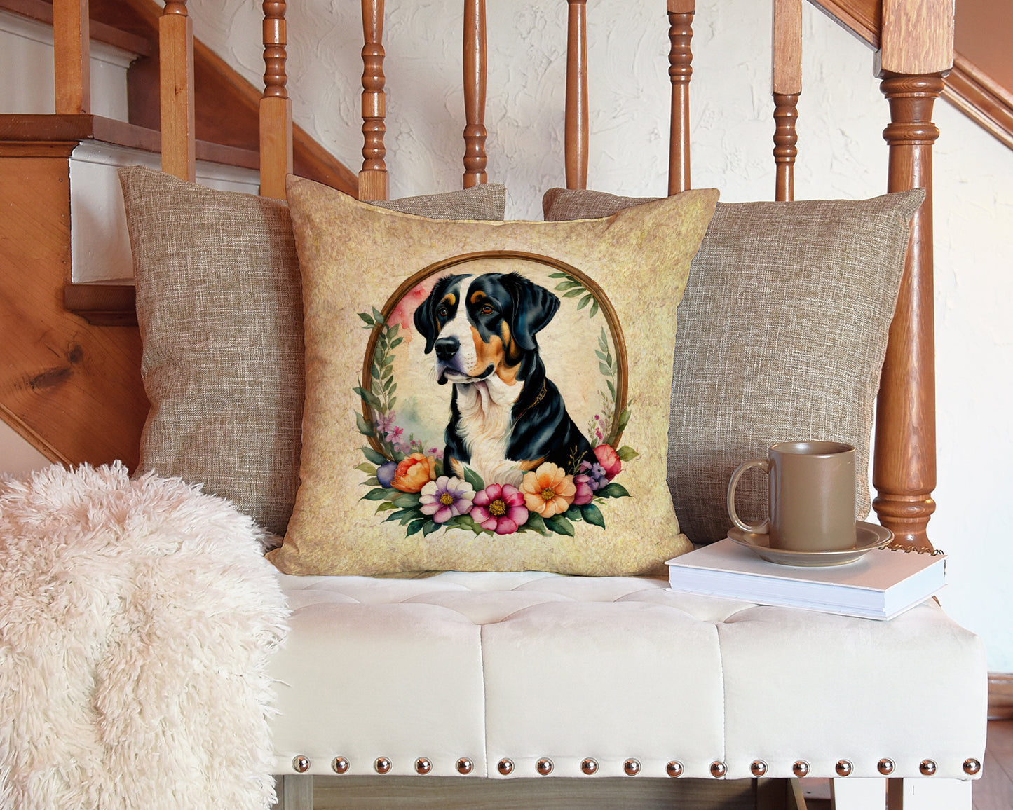 Greater Swiss Mountain Dog and Flowers Throw Pillow