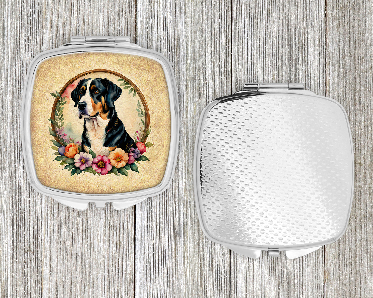 Greater Swiss Mountain Dog and Flowers Compact Mirror