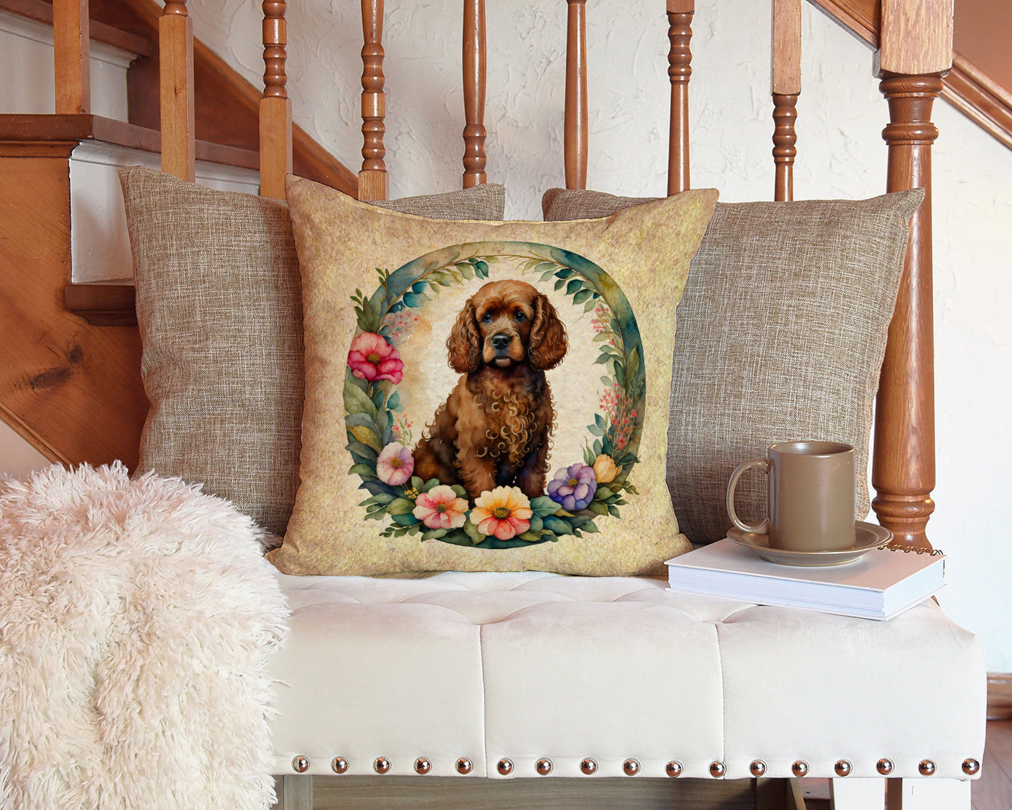 Irish Water Spaniel and Flowers Throw Pillow