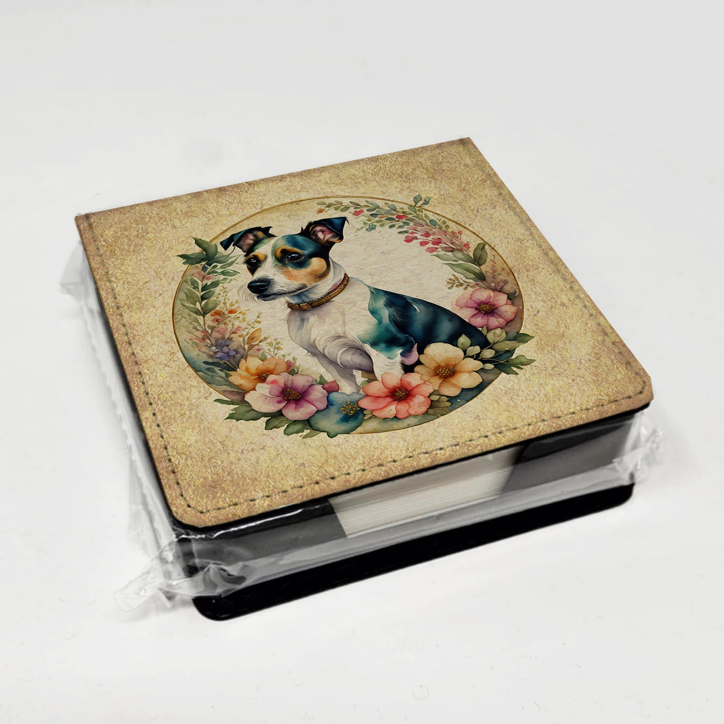 Jack Russell Terrier and Flowers PU Leather Note Paper Holder