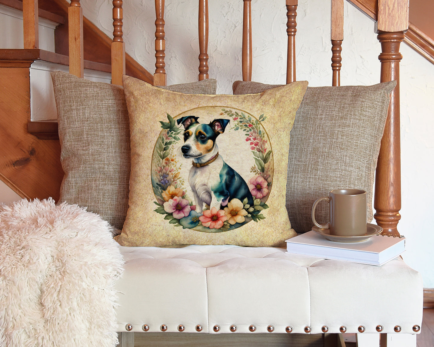 Jack Russell Terrier and Flowers Throw Pillow