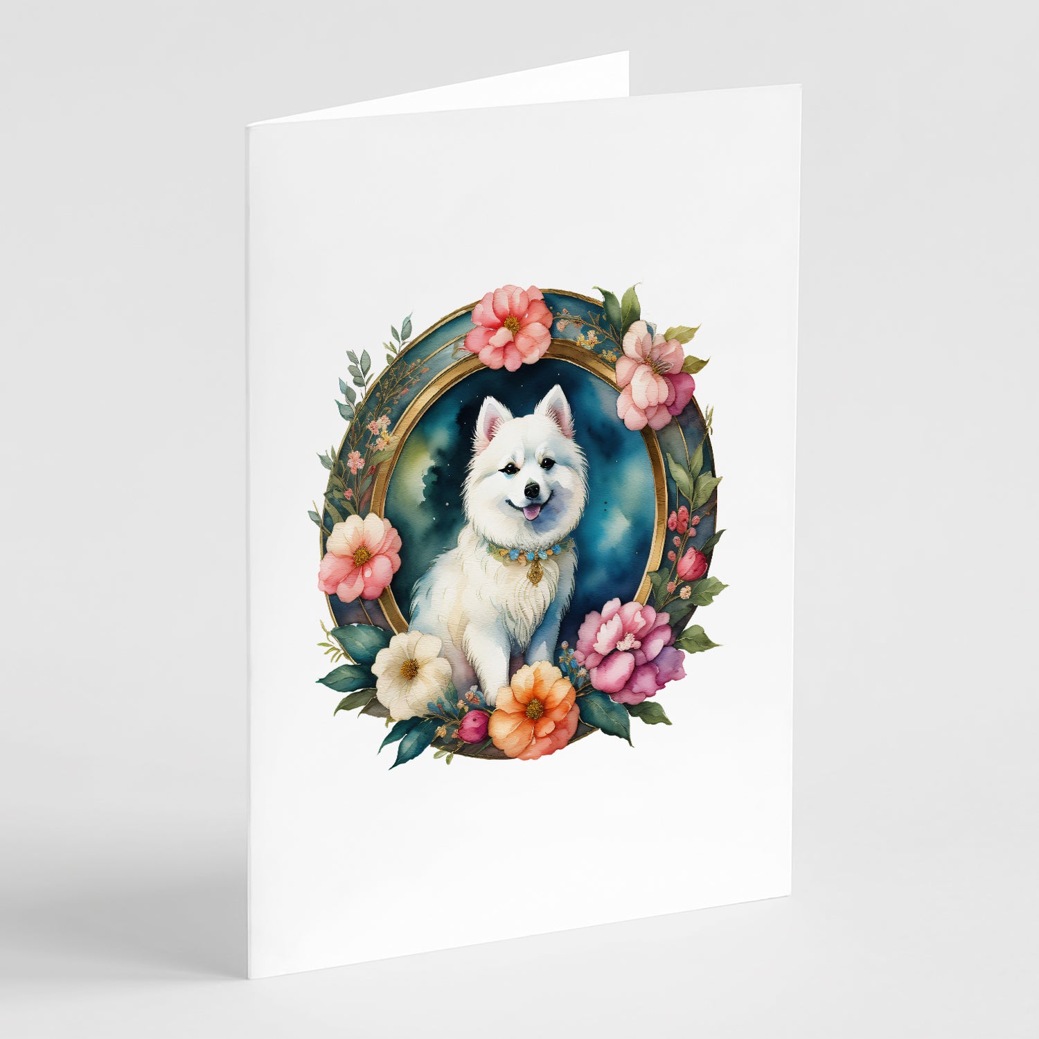 Buy this Japanese Spitz and Flowers Greeting Cards Pack of 8